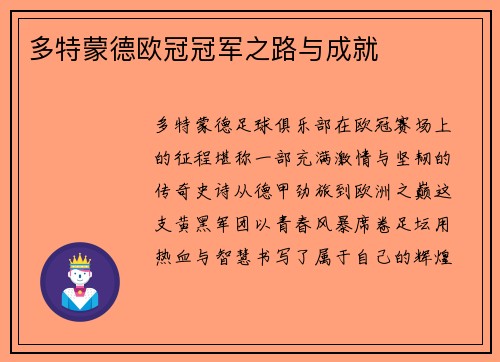多特蒙德欧冠冠军之路与成就