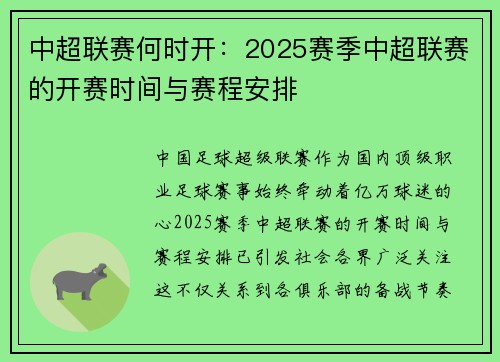 中超联赛何时开：2025赛季中超联赛的开赛时间与赛程安排