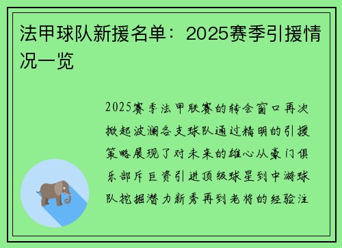 法甲球队新援名单：2025赛季引援情况一览