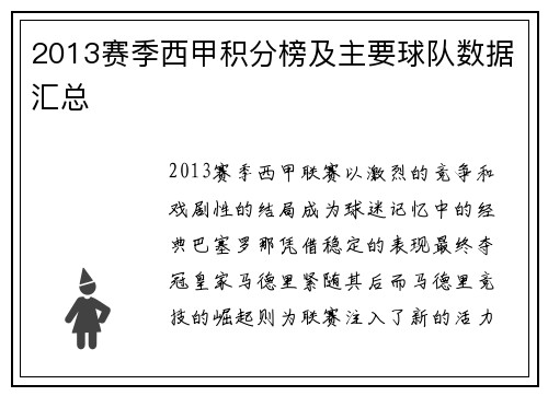 2013赛季西甲积分榜及主要球队数据汇总